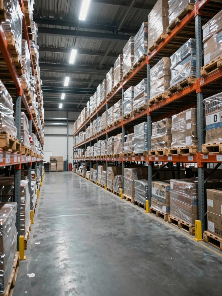 Wide interior shot of an organized warehouse floor under cool overhead lighting, tall steel racking systems with palletized cargo in uniform rows, clear sightlines across the floor, no workers, no text, industrial precision