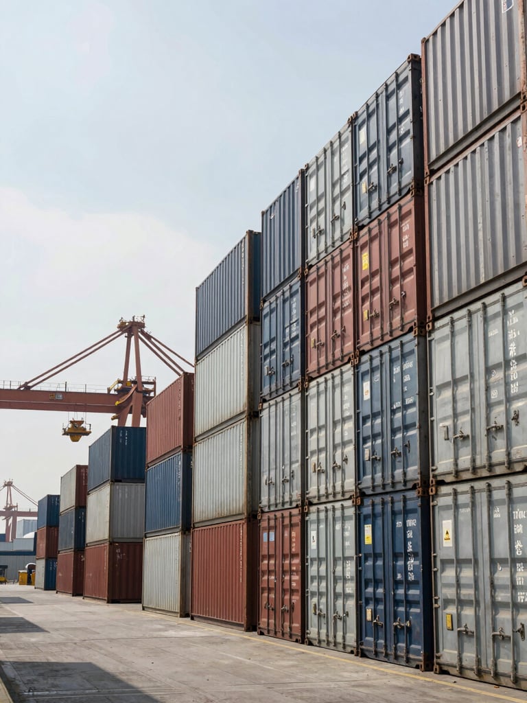 Wide industrial container yard at midday, overcast daylight, rows of sealed steel containers stacked three-high extending to the right edge, a single gantry crane visible in the background left, cool flat lighting revealing the scale and order of the operation