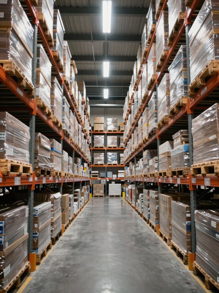 Organized warehouse interior shot from a wide angle, tall racking systems loaded with palletized cargo on both sides of a clear central aisle, cool overhead industrial lighting, no staff visible, operational precision evident in the layout