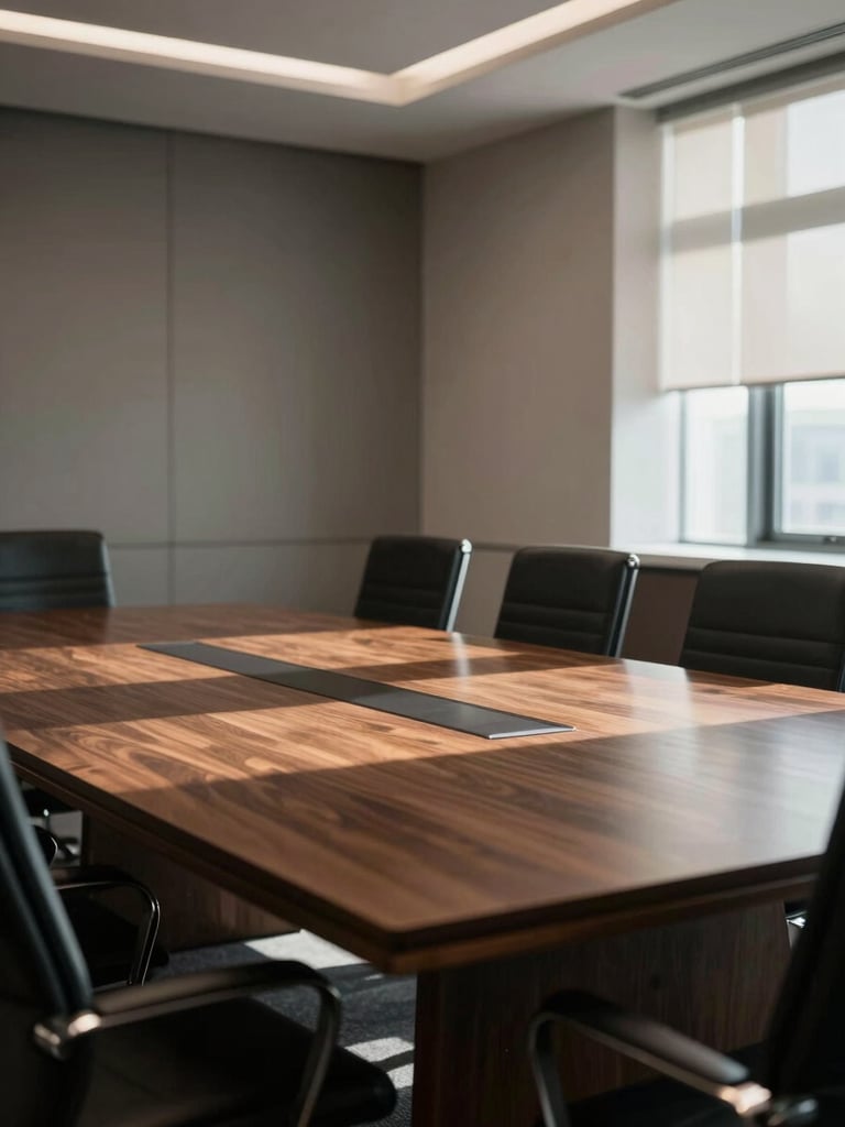 Architectural detail of an empty modern legal meeting room, large dark wood table, natural side-lighting casting deep shadows, quiet and confidential atmosphere, editorial wide shot.