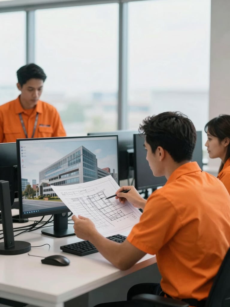 Modern, clean office environment at VisionServe Associates LLC, a professional team member in high-visibility gear reviewing blueprints on a large monitor, crisp architectural photography, bright overcast daylight, cool desaturated tones with orange accents, sharp focus, 35mm