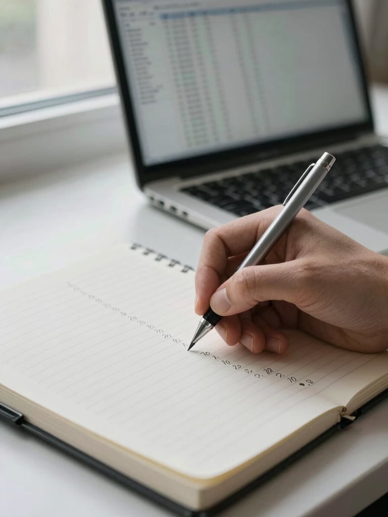 Close-up of a hand writing precise figures on a lined notepad beside a open laptop showing a spreadsheet, cool north-facing daylight from a window to the left, a mechanical pencil resting on the page, monochromatic gray and silver tones, no people visible beyond the hand