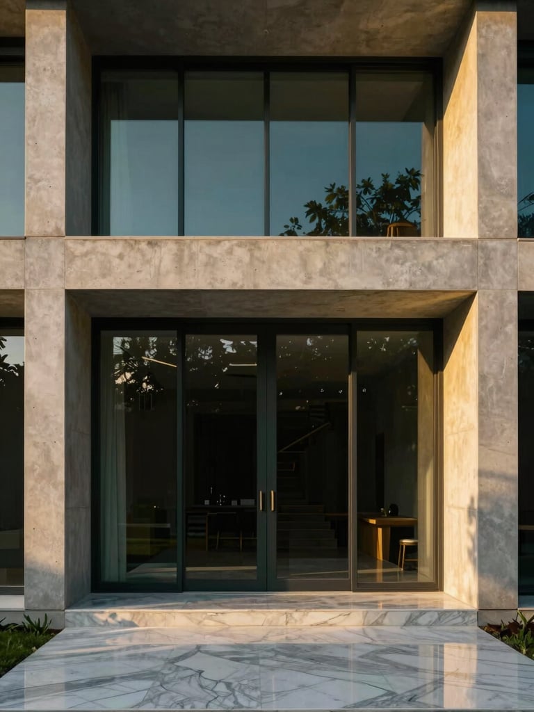 Symmetrical architectural close-up of a modern concrete and glass mansion facade at golden hour, warm sunlight reflecting on premium marble floors, 35mm photography