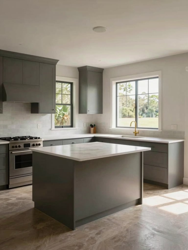 Wide environmental shot of a completed residential kitchen addition in natural north-facing daylight — full-width view of the finished room showing cabinetry, countertop transitions, and window framing; clean, unmanipulated, no staging or people