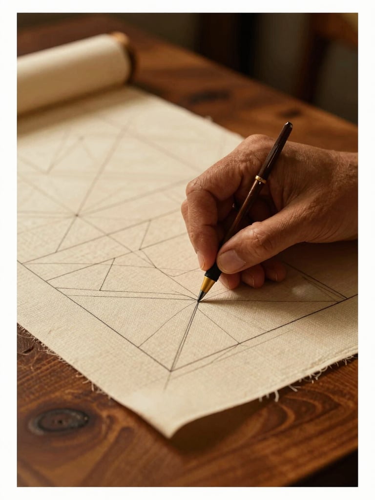 Macro shot of a designer's hands carefully tracing the geometric lines of Alindi cloth on a dark wooden table, warm golden studio light.