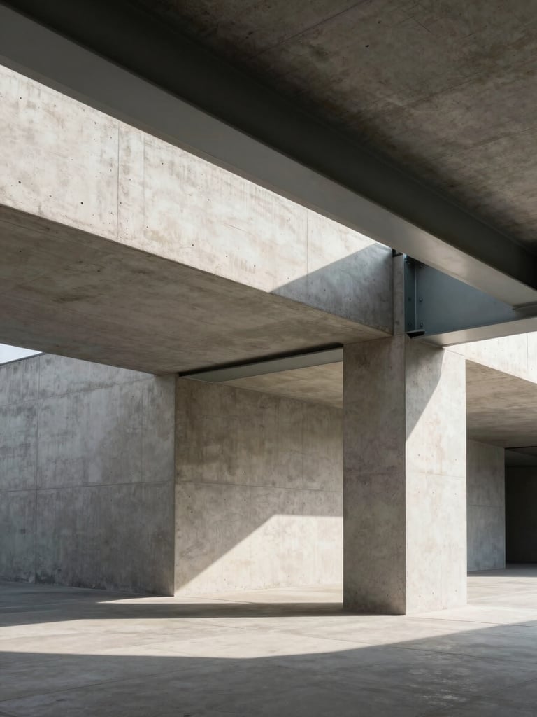 Wide architectural detail of clean concrete lines and steel beams under sharp daylight, strong shadows, editorial composition.