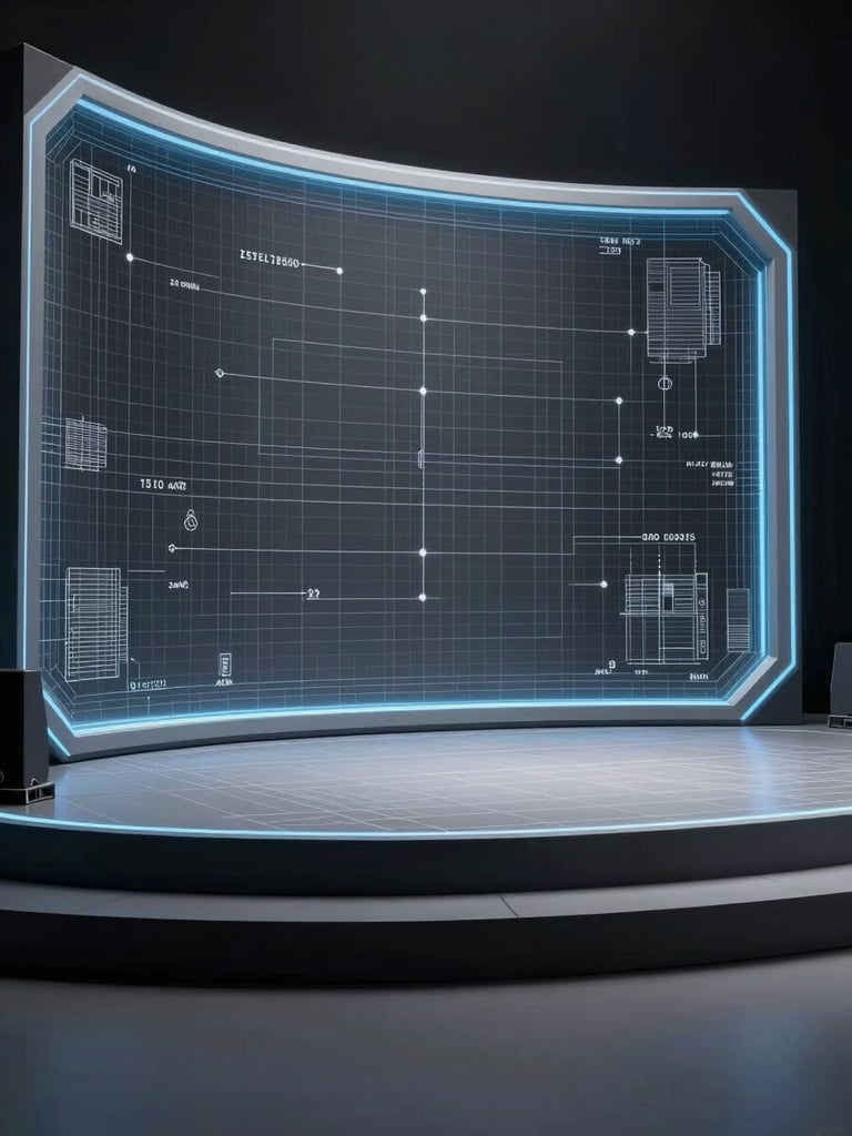 A high-fidelity 3D wireframe render of a virtual stage environment, cool diffused digital lighting with subtle blue rim accents, technical blueprint style.
