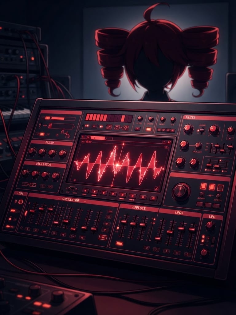 Close-up of retro-futuristic music synthesizer software interface with crimson waveforms and Kasane Teto's signature twin-drill hair silhouette in the background, sharp digital lighting.