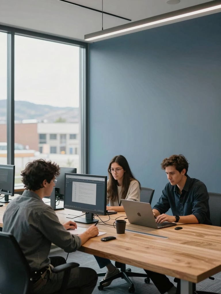 Architectural interior of a modern Draper Utah software office, developers collaborating at a clean wooden table, soft overcast daylight, 35mm