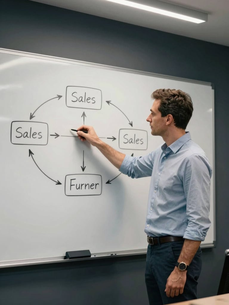 Medium shot of Luis Mizhirumbay standing at a whiteboard in a corporate training room, pointing to a structured sales framework diagram, controlled overhead lighting, dark background, professional attire, confident posture