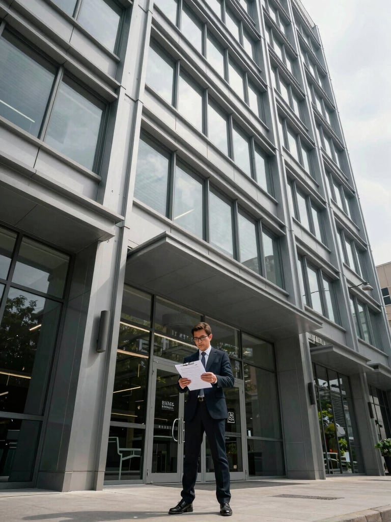 Wide-angle medium shot of a multi-story commercial building exterior, Luis standing at the building entrance reviewing documents on a clipboard, controlled overcast daylight casting clean shadow definition, steel and glass facade visible behind him, strong architectural lines framing the composition