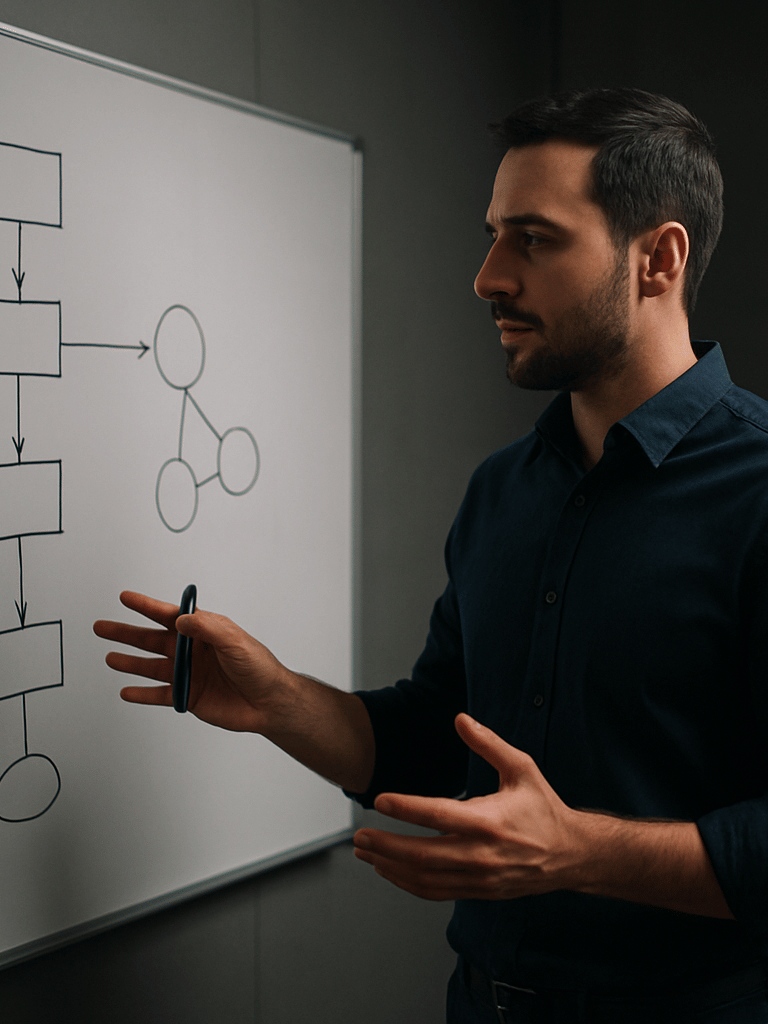 Medium shot from the side: Luis standing at a conference room whiteboard covered in workflow diagrams, marker in hand, gesturing toward a node cluster — controlled studio-grade lighting, deep shadows on the right wall, no visible audience faces, architectural interior background