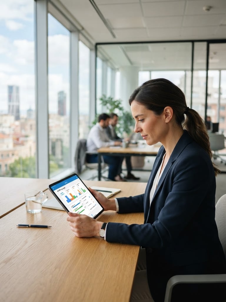 High-end corporate office in Madrid, bright natural light, professional looking at a tablet showing language learning metrics, shallow depth of field, 35mm