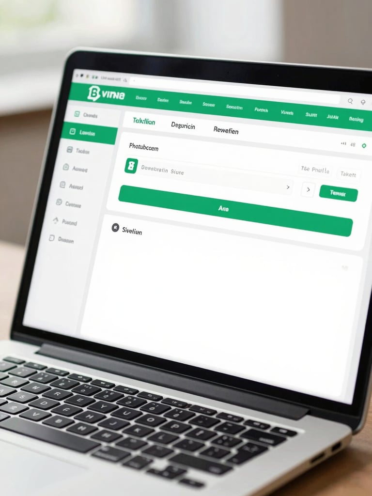 Close-up of a professional laptop screen showing a clean, modern financial dashboard with secure digital verification steps, emerald green accents, bright natural daylight