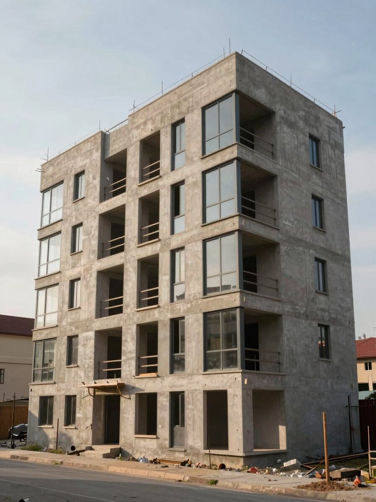 Wide standoff shot of a newly completed residential building facade in natural daylight, warm concrete and glass materiality visible, quiet street-level context, overcast even lighting