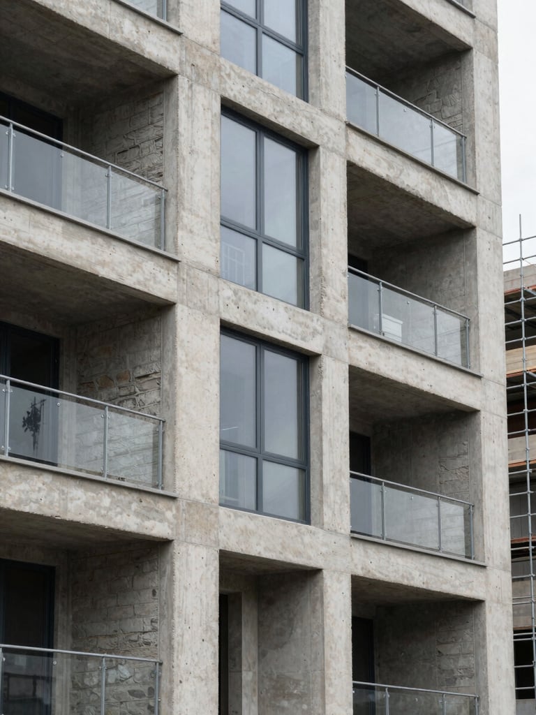 Close standoff shot of a concrete and glass residential facade, framing reveals exposed structural columns and rough masonry infill, natural overcast daylight, scaffolding partially visible on the right edge