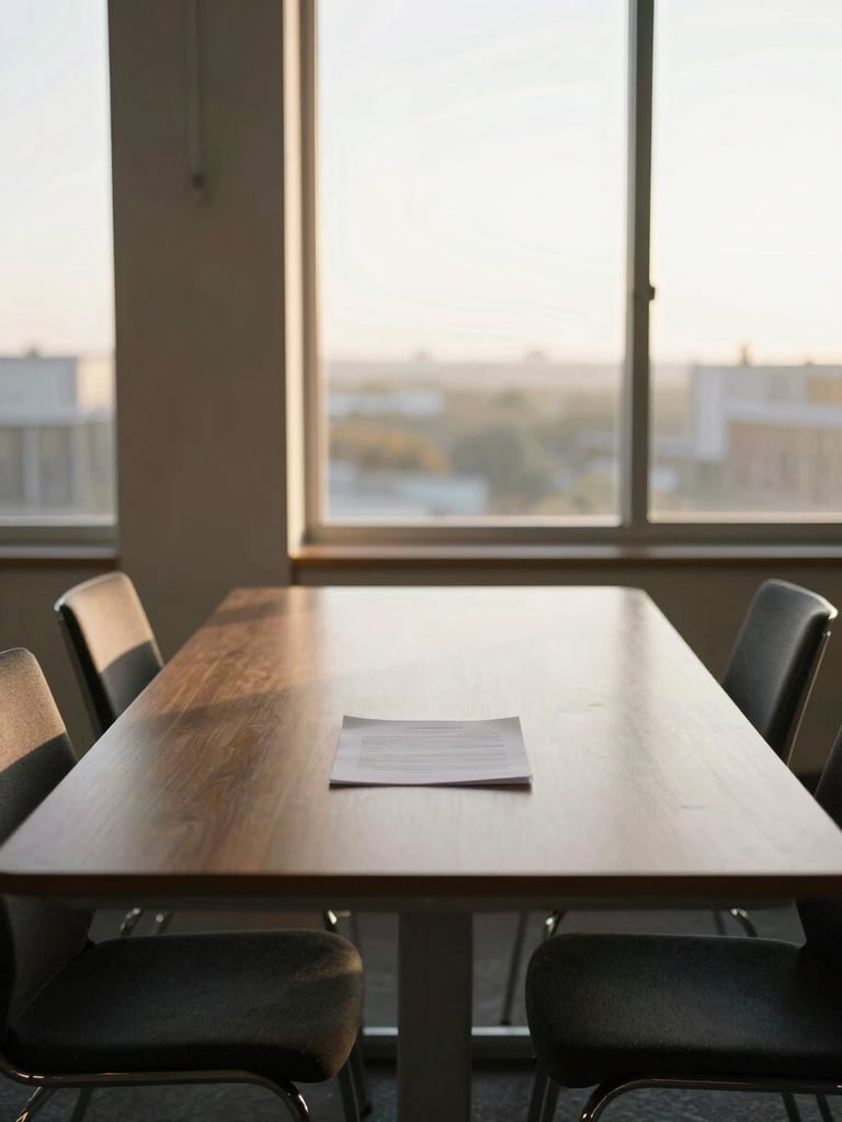 Empty mediation table with two chairs on opposite sides, a shared document in the center, late afternoon natural light through tall windows, calm neutral interior, no people present