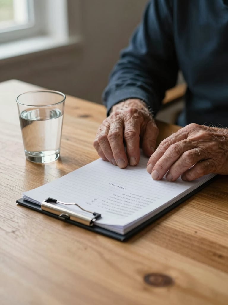 Close-up of an older adult's weathered hands resting beside a legal notepad on a light oak mediation table, a glass of water nearby, natural window light from the left casting soft shadows, calm and unhurried atmosphere