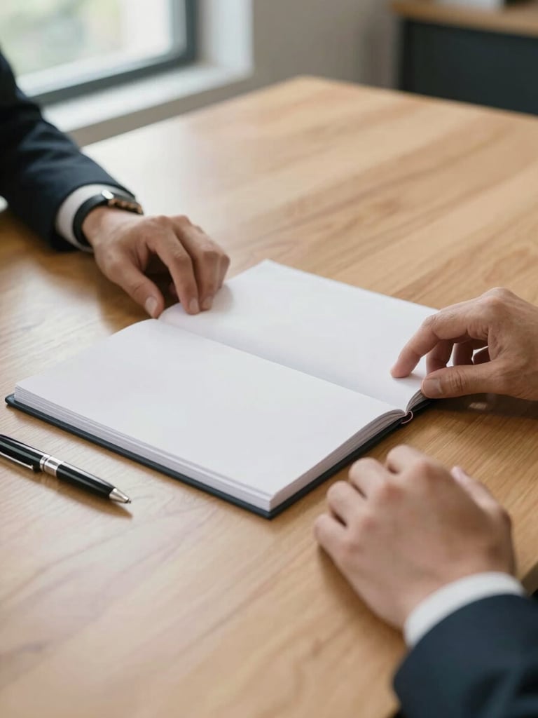 Close-up of two hands resting near an open manila folder on a light wood conference table, natural daylight from a window at the top-left, a pen uncapped beside the folder, calm and deliberate atmosphere, no faces visible