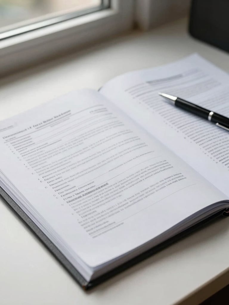 Close-up medium shot of an open compliance folder on a desk, printed documents with visible regulatory headers and stamps, a pen resting alongside, daylight from a window illuminating the papers, clean office surface, no people visible