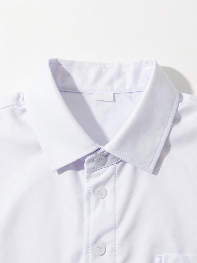 Close-up of clean, crisp uniform collars and detailed embroidery stitching under bright, high-key studio lighting, sharp focus, 35mm