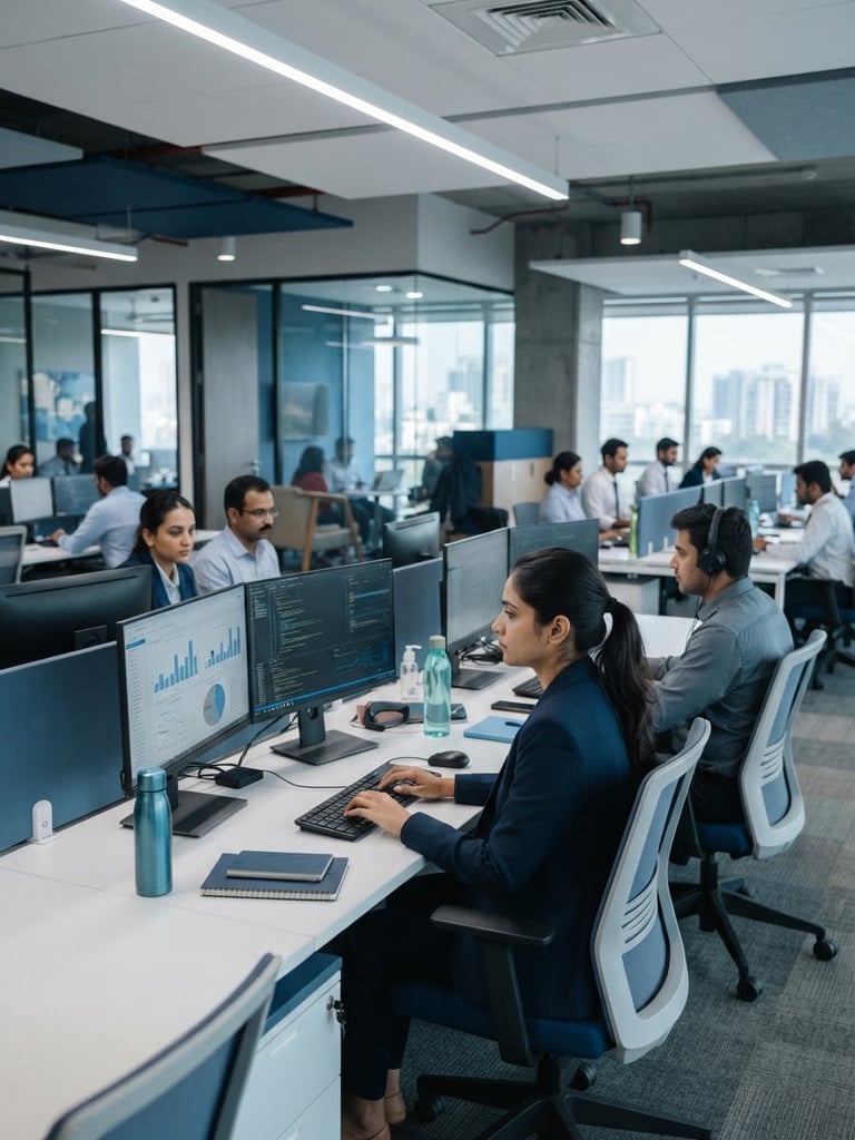 Clean corporate office interior in India, bright neutral lighting, focused professionals working at organized desks with dual monitors, cool blue and slate tones