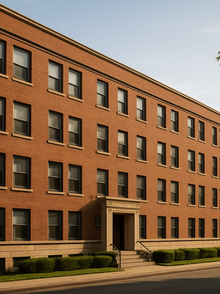Wide street-facing shot of a well-maintained multi-family apartment building exterior, warm natural daylight, leafy neighborhood context visible on the right edge, slight upward angle emphasizing building height, clean brick facade