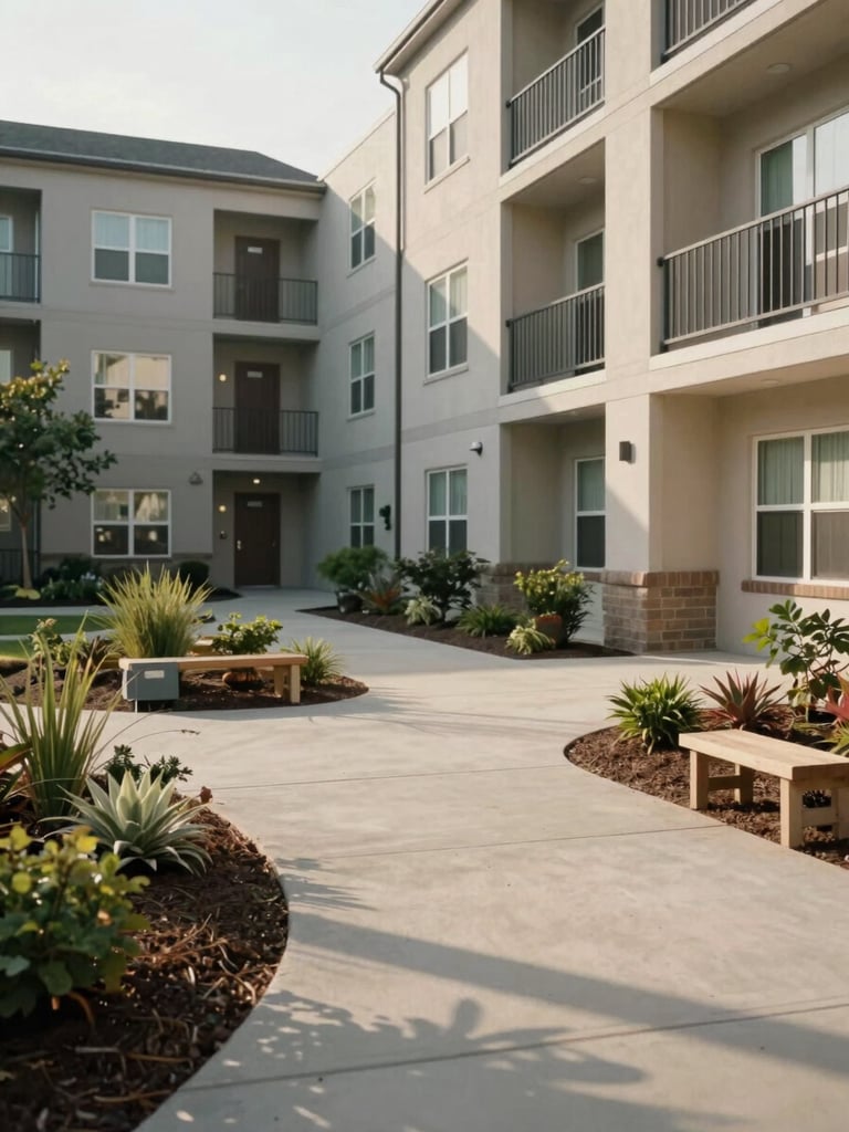 Interior courtyard of a well-maintained multi-family apartment complex, natural afternoon light falling across landscaped planters and a clean concrete walkway, residents' doors and balconies visible in the background, calm and institutional in character
