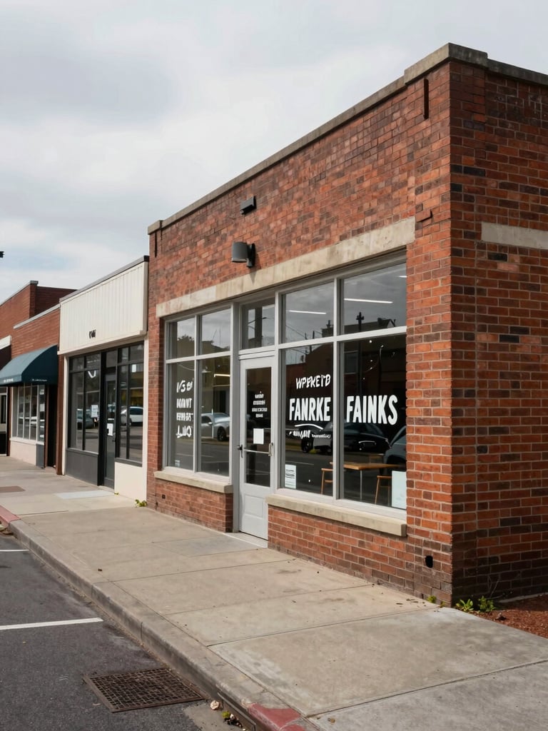 Wide street-level view of a modest brick storefront on a quiet commercial block, overcast daylight, hand-painted signage visible through the window, empty sidewalk in foreground, neighboring shops receding to the left