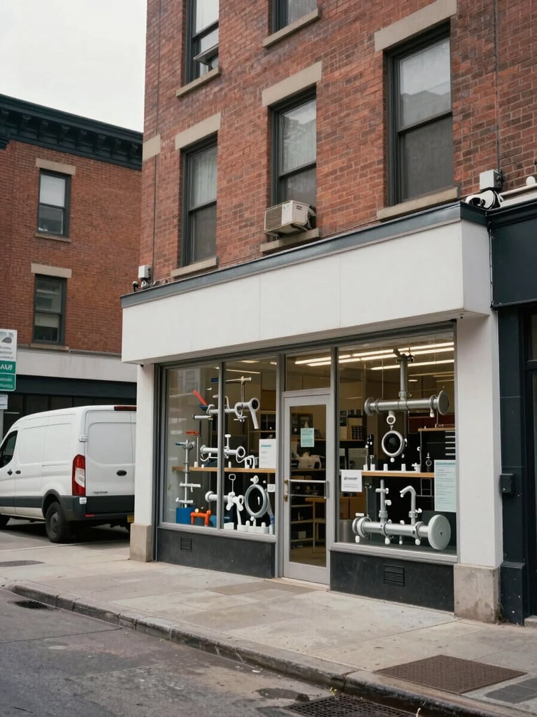 Wide street-level view of a plumbing supply storefront on a Chicago block, overcast daylight, brick facade visible, service van parked outside to the left, minimal pedestrian traffic, neutral and matter-of-fact