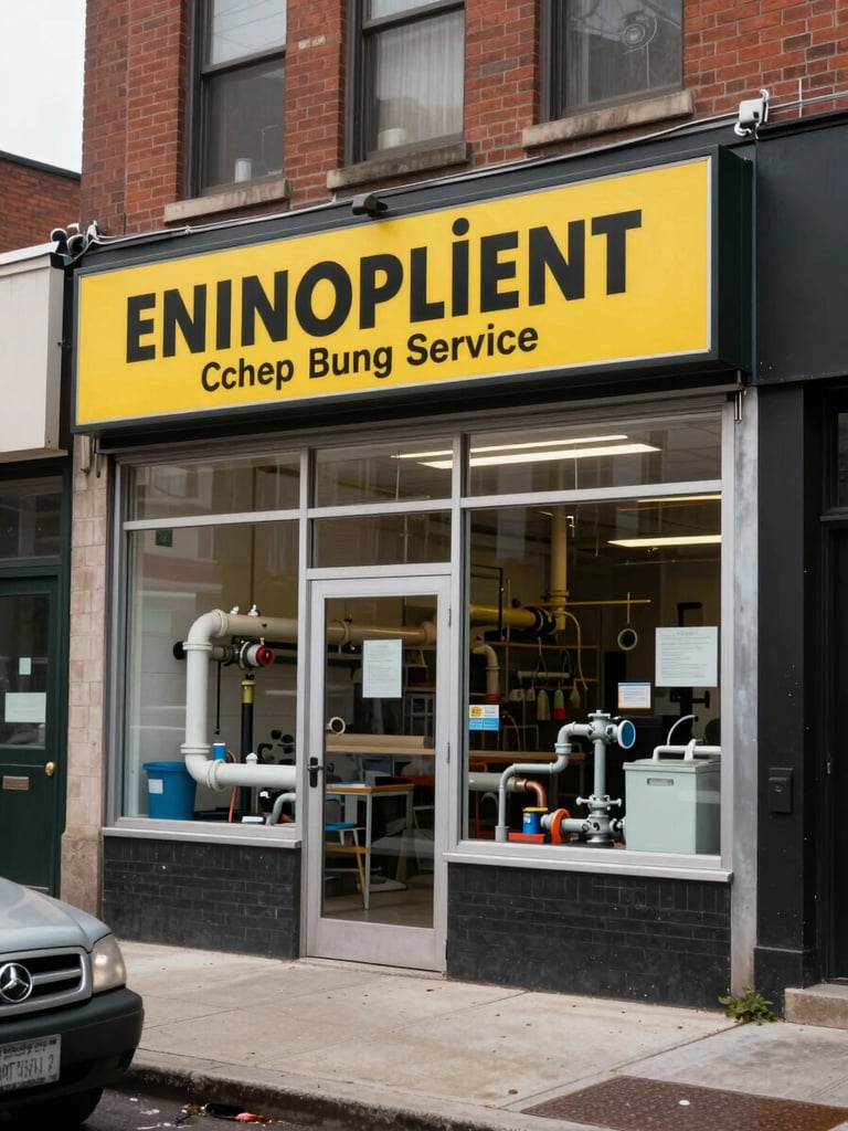 Environmental wide shot of a plumbing service storefront on a quiet Chicago side street, overcast daylight, exterior signage visible, service pipes and tools faintly seen through the shop window, sidewalk and parked vehicle in foreground, no people