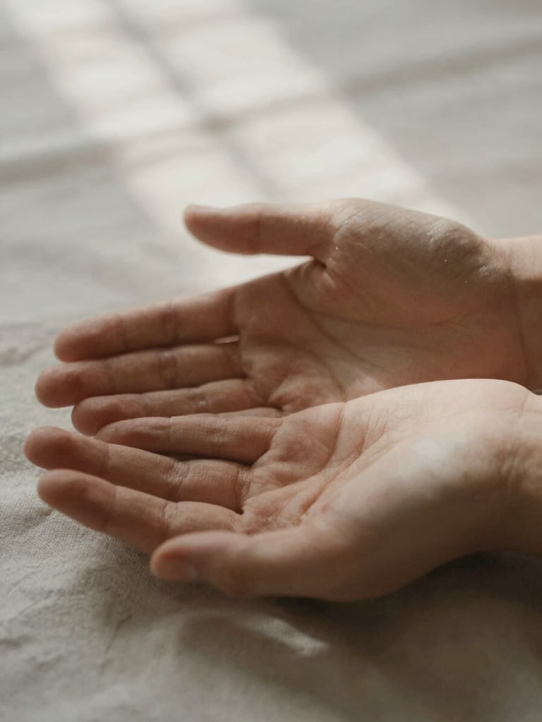 Extreme close-up of open hands in repose on a soft linen surface, gentle morning light filtering through leaves, warm desaturated earth tones, shallow depth of field.