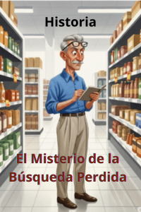"Portada ilustrada de El Misterio de la Búsqueda Perdida, con Don Manuel en un supermercado