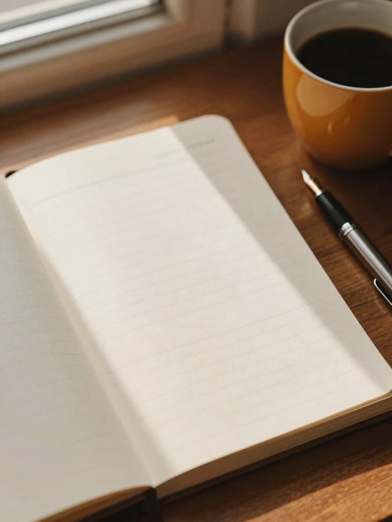 Overhead desk layout with a clean physical ledger, a fountain pen, and a warm cup of coffee, soft window light casting long shadows on warm cream paper.
