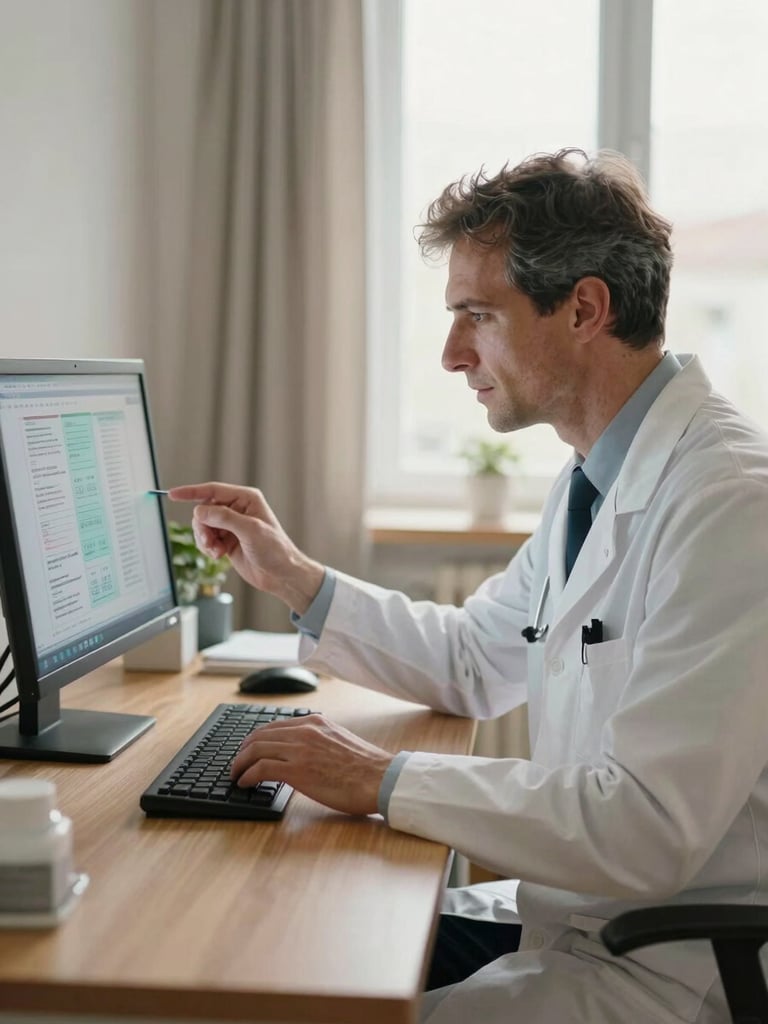 In a softly lit Italian private clinic, a European doctor in a white coat sits at a wooden desk under natural window light, carefully reviewing clinical data on a screen, serene atmosphere.