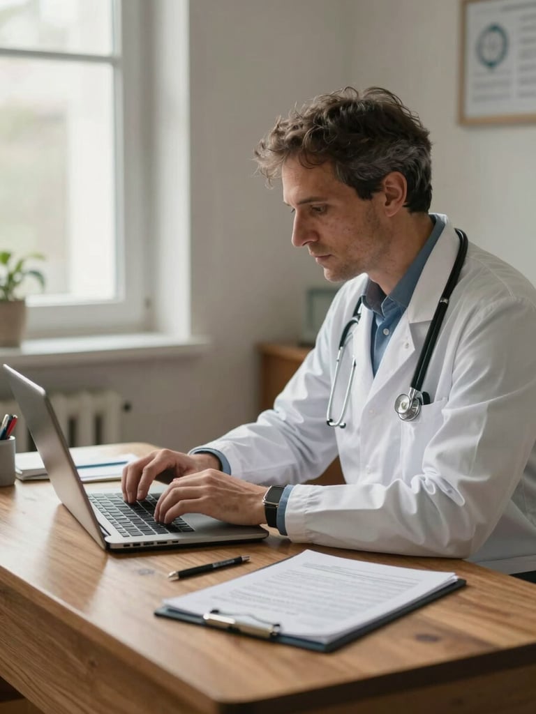 Inquadratura ravvicinata e spontanea di un medico europeo in un ambulatorio privato italiano, seduto alla scrivania in legno mentre analizza dati clinici su uno schermo, luce naturale calda dalla finestra laterale.