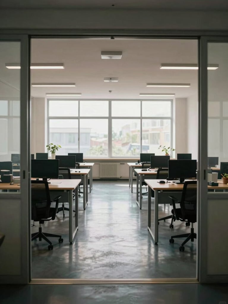 Wide shot from the doorway of a freshly cleaned open-plan office in Königsbrunn, rows of empty desks under neutral daylight from floor-to-ceiling windows, polished floor reflecting the light, no people, no clutter — honest documentary framing