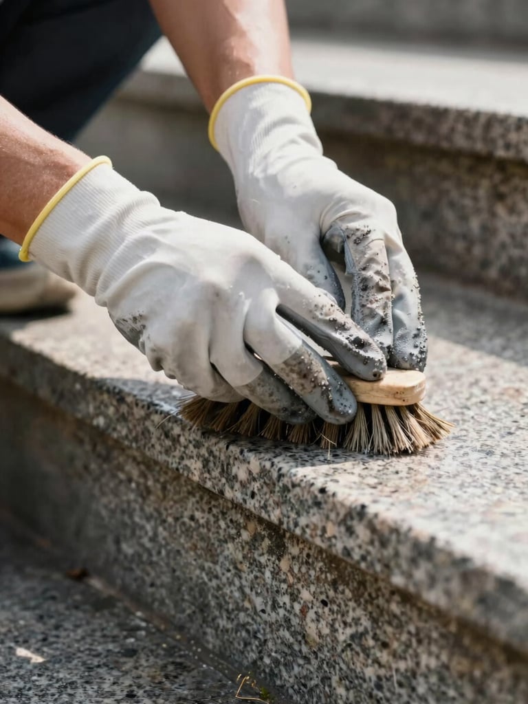 Hands in work gloves scrubbing a rough stone staircase step under bright north-facing daylight, close-up showing texture detail of wet granite, cleaning brush visible, documentary style