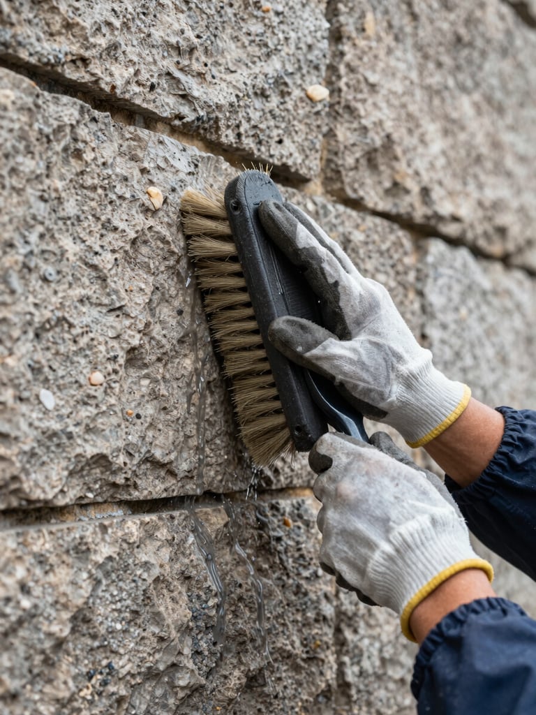 Documentary close-up of a worker's gloved hands pressing a stiff brush against a textured stone wall surface, water and grime visible, natural overcast daylight, rough stone texture filling the frame