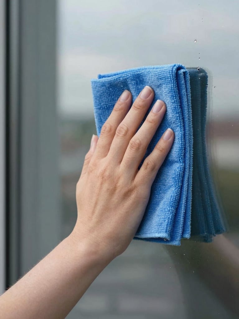 Close-up of a professional cleaning cloth wiping a glass window surface in a Königsbrunn office building, natural daylight from outside, water droplets visible on the right edge, no reflection of people, honest documentation style