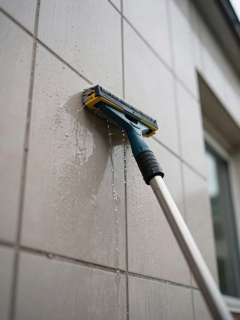 Close-up of a professional cleaning tool pressed against a tiled building facade, natural overcast daylight, water running across the surface, grime and clean zones visible side by side, documentary framing