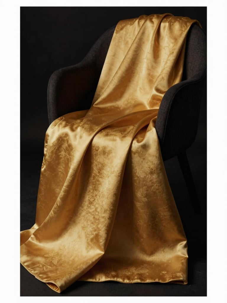 A high-fashion editorial close-up of structured golden Muga silk fabric draped over a dark sculptural chair, low-key lighting, rich texture.