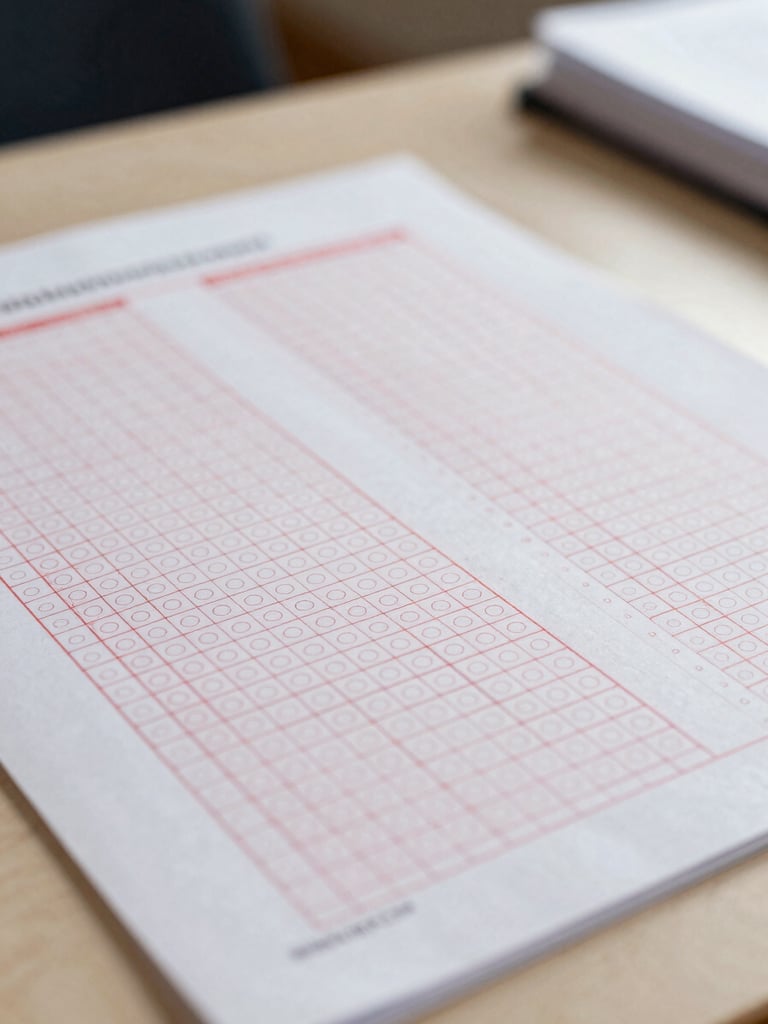 Close-up of a physical standardized test paper with red analytical annotations, precise geometric diagrams, clean study desk background, focused library lighting.