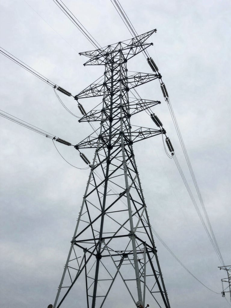 Wide environmental shot looking up along high-voltage transmission pylons receding into overcast sky, industrial steel lattice in sharp relief, photographed from below at architect's elevation angle, no people, developed-market landscape