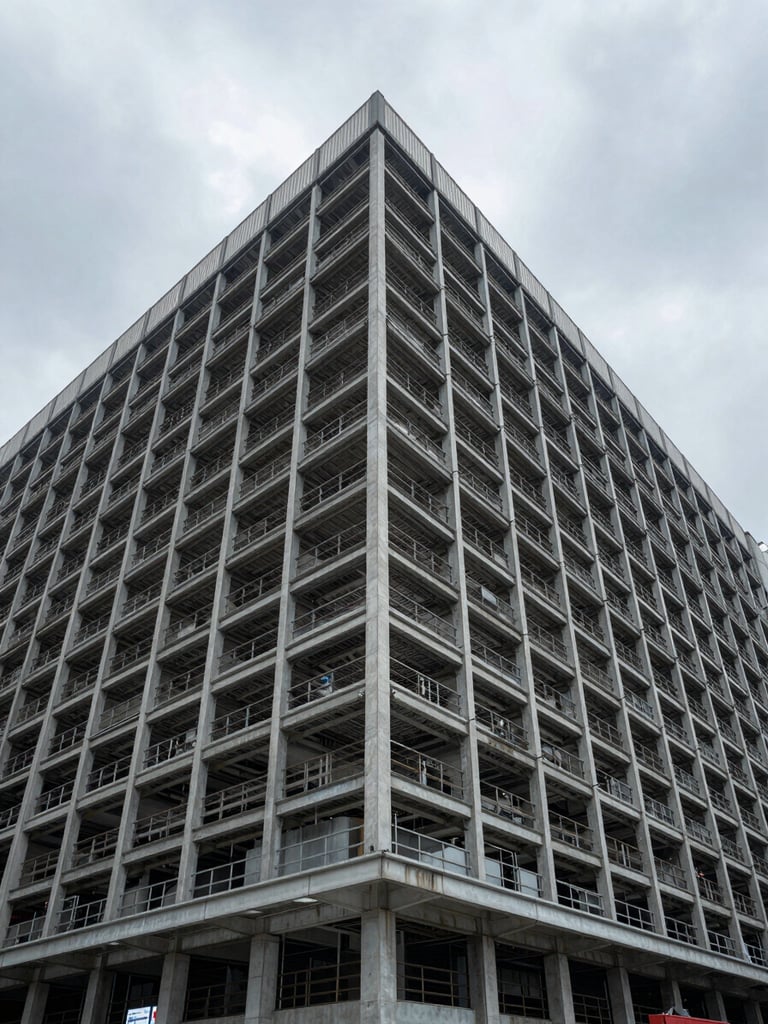 Wide architectural elevation angle looking up the face of a concrete and steel logistics hub under flat overcast daylight, structural grid lines converging toward a grey sky, no figures, Hong Kong industrial port district visible at the base