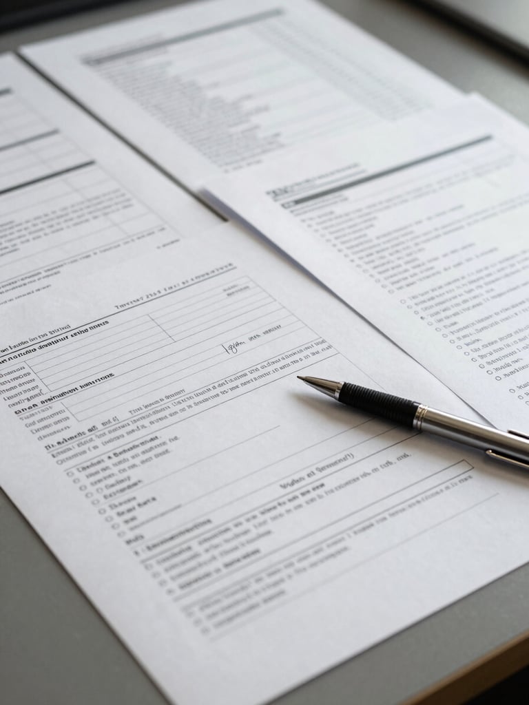 Close-up studio fluorescent shot of transaction documents spread across a dealing-room table—term sheets, annotated financial schedules, a pen resting on a signature page—architectural precision framing, no faces, institutional office context