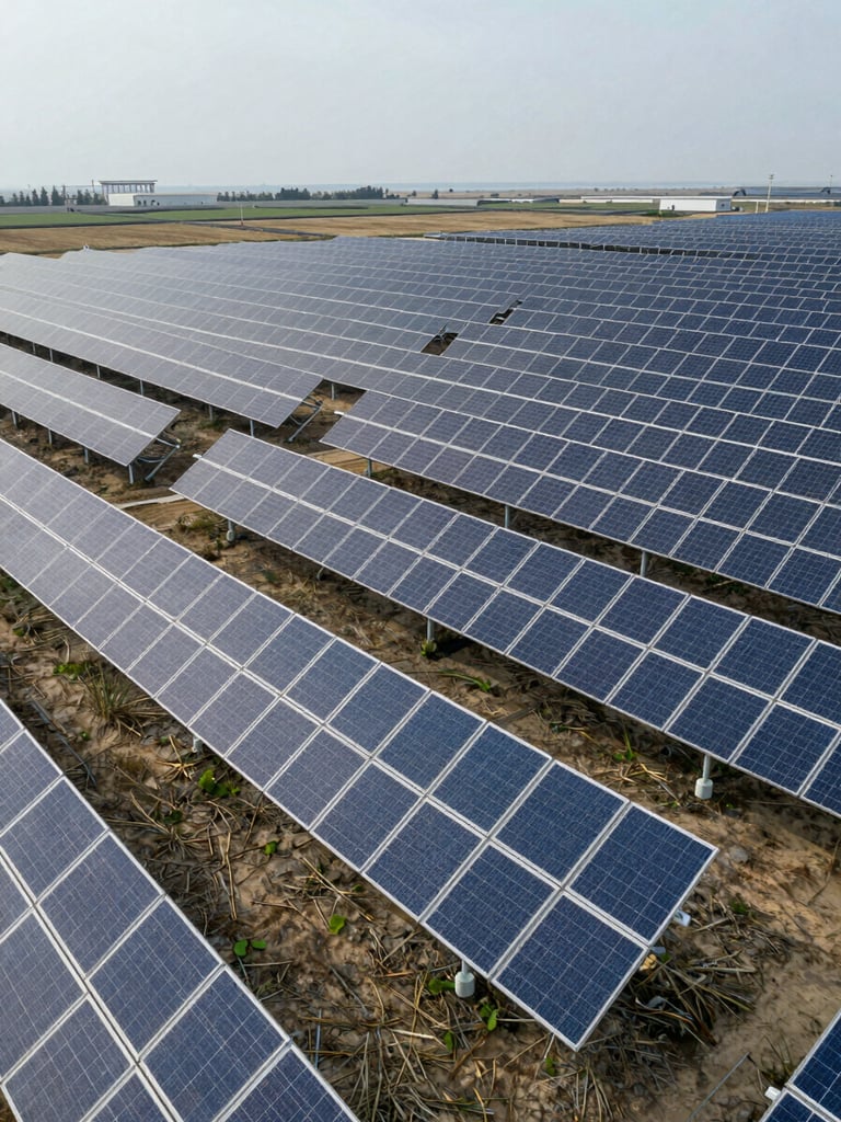 Aerial establishing shot of a utility-scale solar farm, rows of panels stretching across flat terrain under overcast daylight, a substation visible at one edge, photographed at low oblique angle showing operational scale, no people
