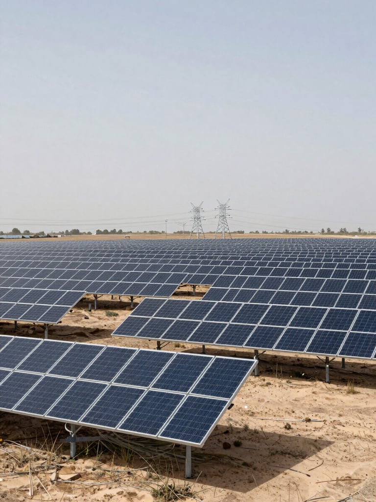 Wide environmental shot at architect's elevation angle of a large solar farm stretching across flat terrain in an arid developed-market landscape, overcast midday light casting even tones across the photovoltaic arrays, transmission infrastructure visible at the horizon, no people, no branding