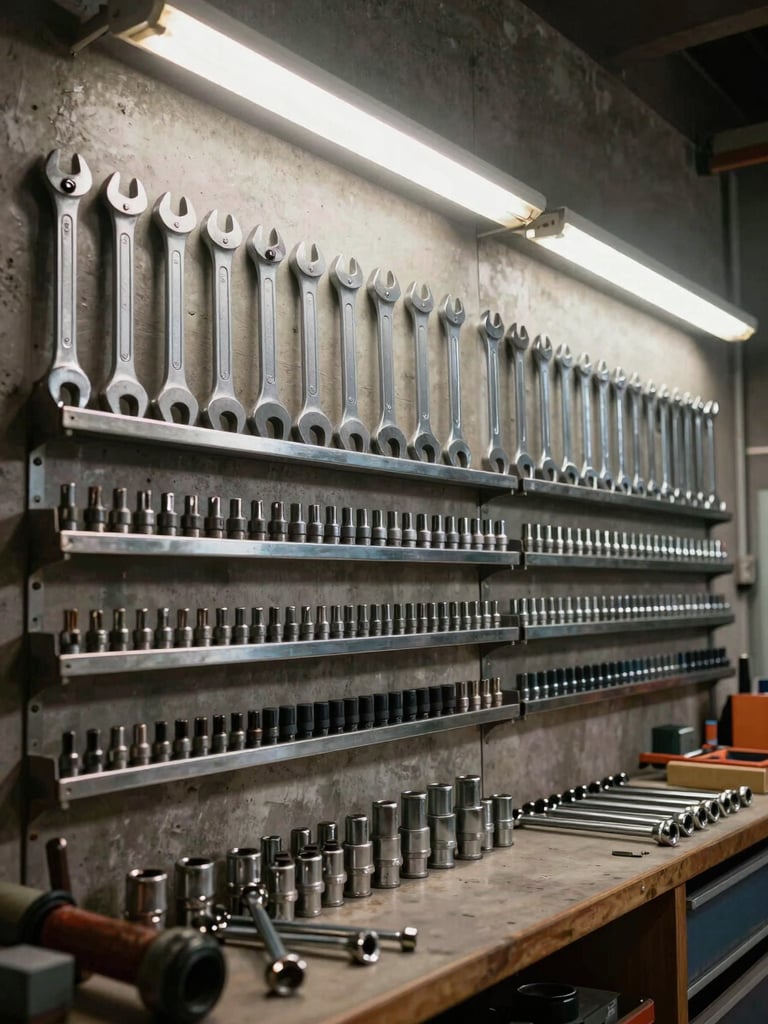 Wide shot of a workshop tool wall, rows of heavy forged wrenches and socket tools racked in steel holders, ambient fluorescent overhead lighting, concrete wall background, no people