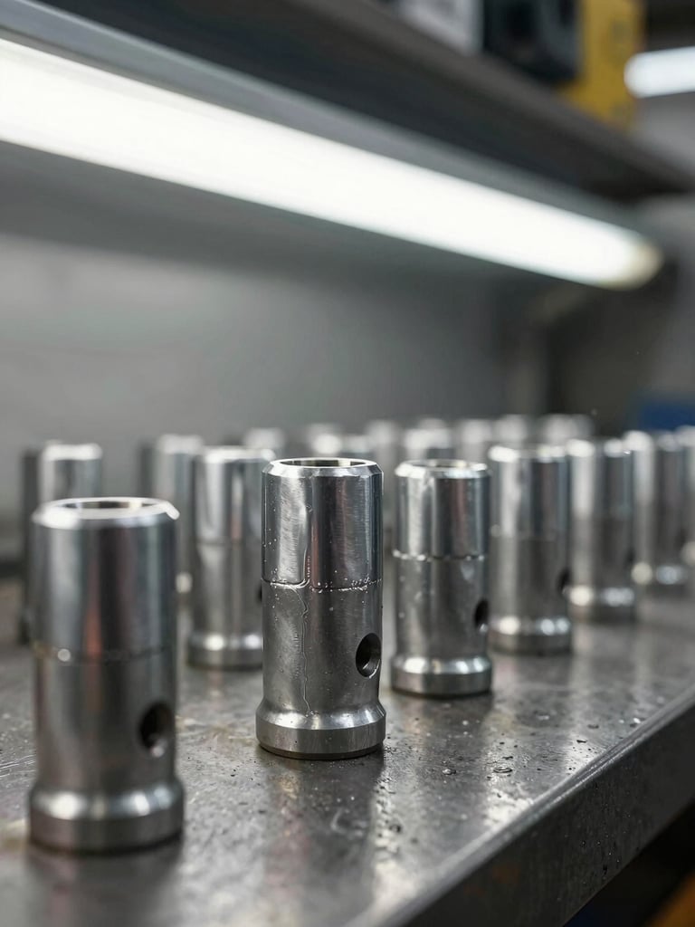 Close-up tight shot of a row of hot-forged chrome-vanadium sockets on a steel workbench, ambient shop fluorescent light from above, showing forging seam lines and hex socket openings — no staging